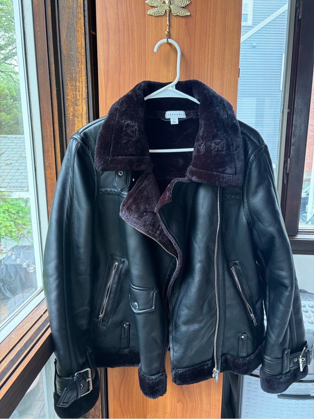Topshop Black faux Leather Bomber Jacket with black Shearling Collar